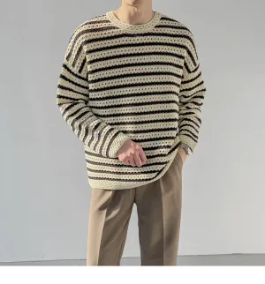 Bonsir Winter Men's Loose Round Neck Pullover Keep Warm Wool Sweater Fashion Hollow Casual Stripe Knitting Beige Color Coats M-XL
