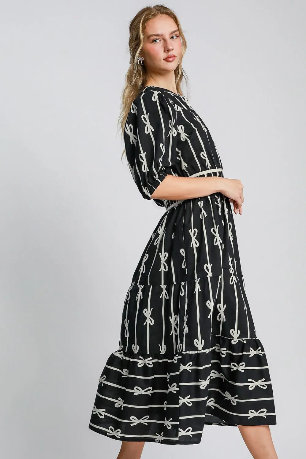 Bow Tie Velvet Trim Midi Dress