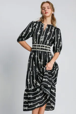 Bow Tie Velvet Trim Midi Dress