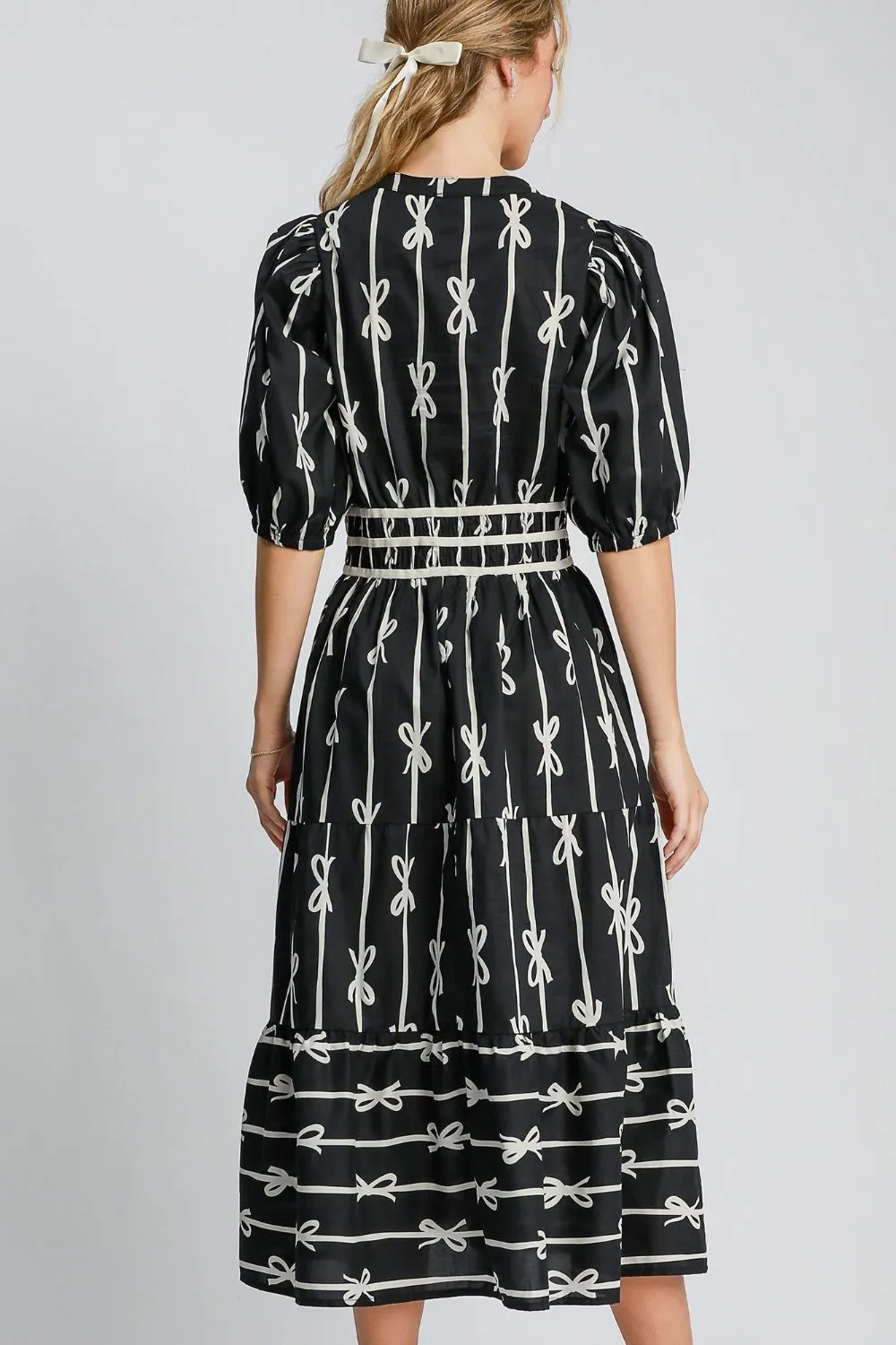 Bow Tie Velvet Trim Midi Dress