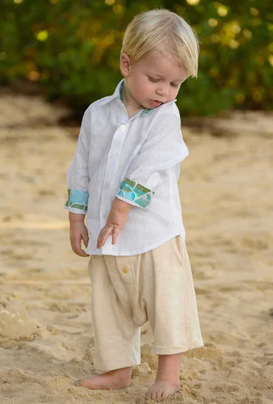 BOY'S WHITE AQUA PEBBLES LINEN SHIRT