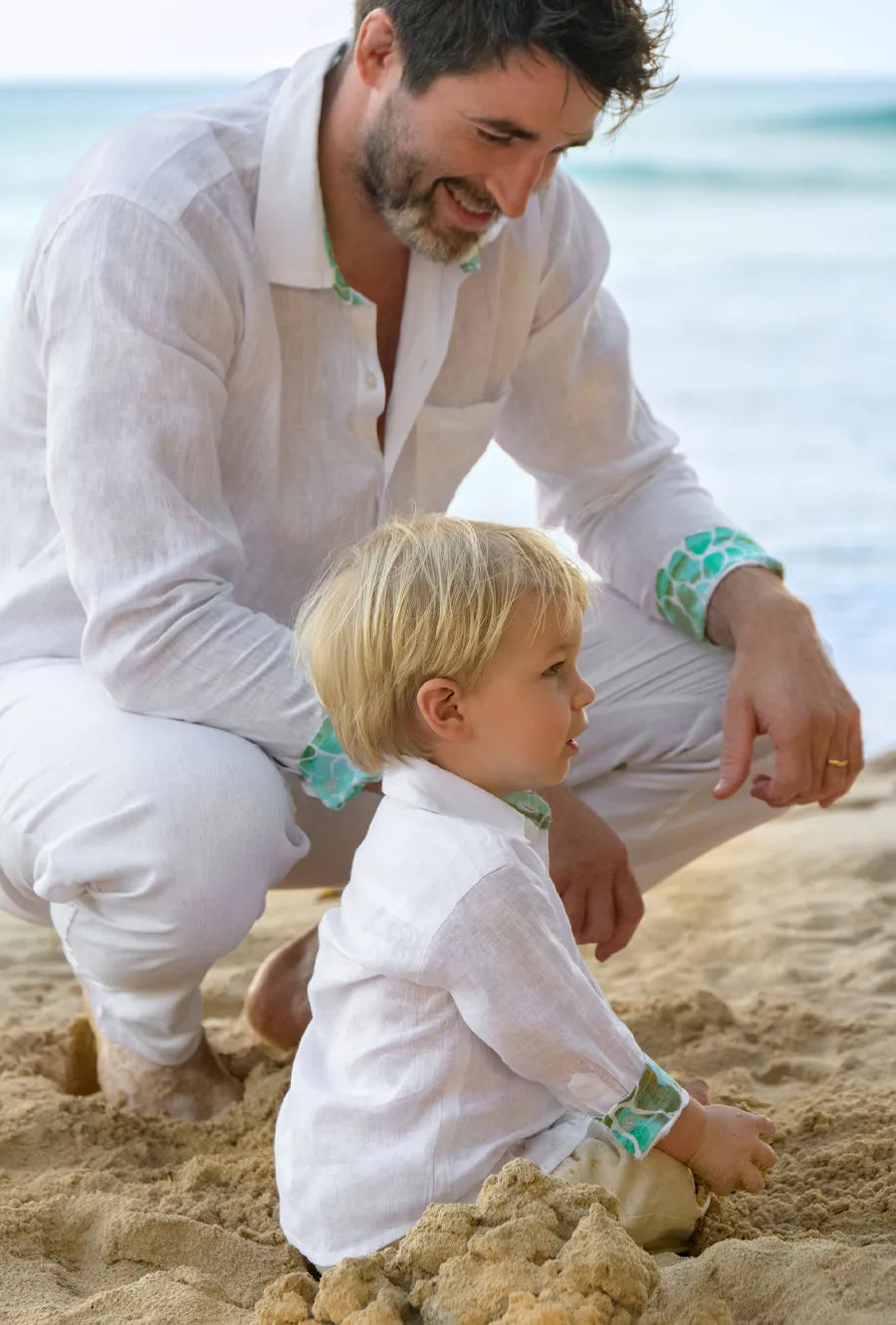 BOY'S WHITE AQUA PEBBLES LINEN SHIRT