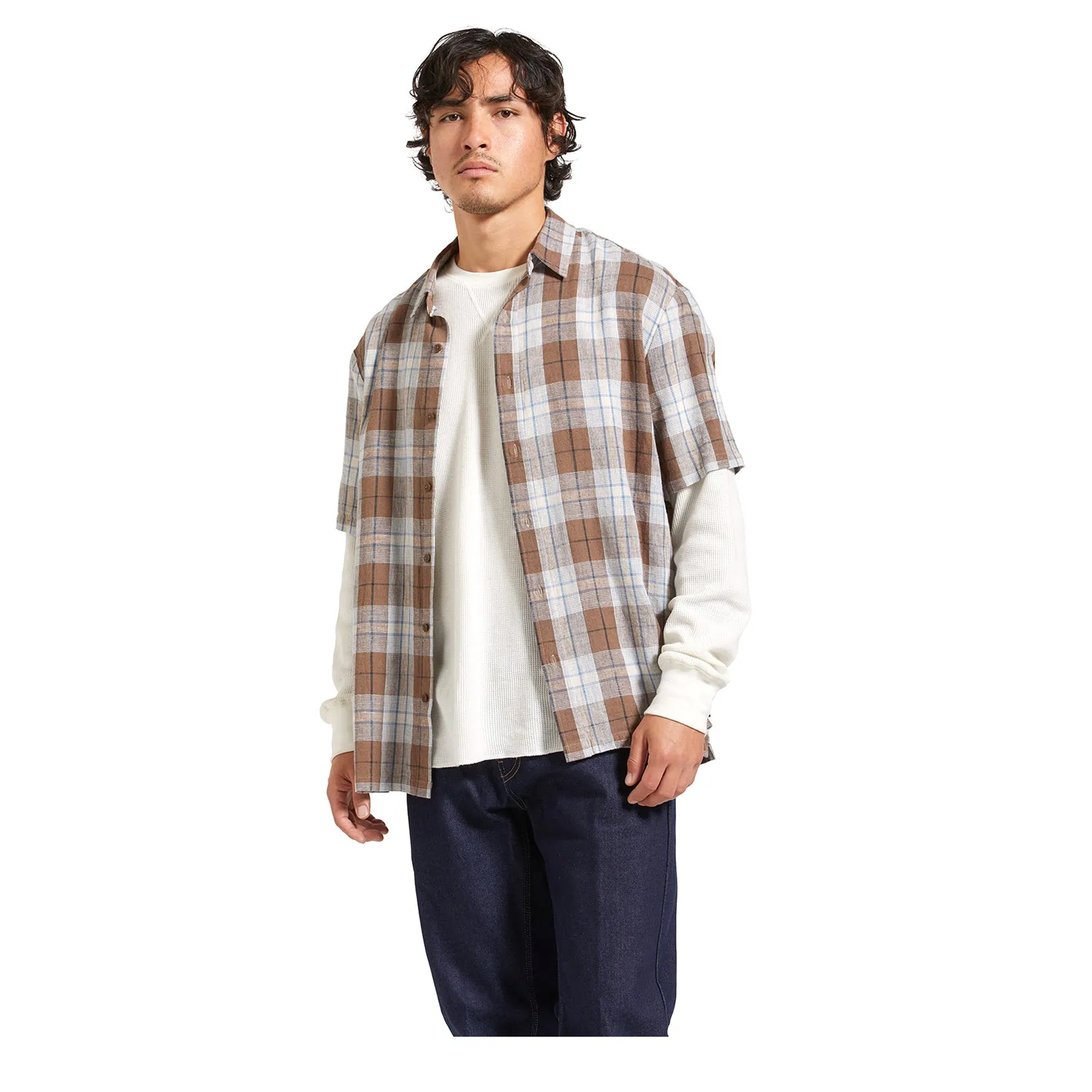 Brixton Cru Linen Blend Woven Shirt Pinecone Brown / Coronet Blue