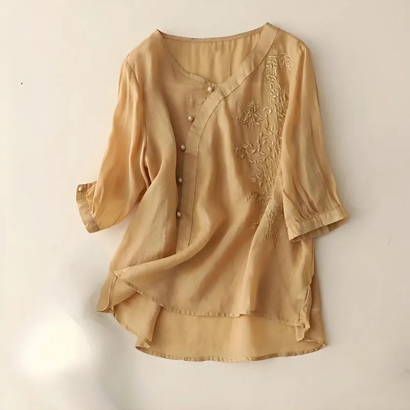 Buddha Stones Casual Loose Flower Embroidery Frog Button Short Sleeve Cotton Linen Women's Shirt