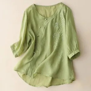 Buddha Stones Casual Loose Flower Embroidery Frog Button Short Sleeve Cotton Linen Women's Shirt
