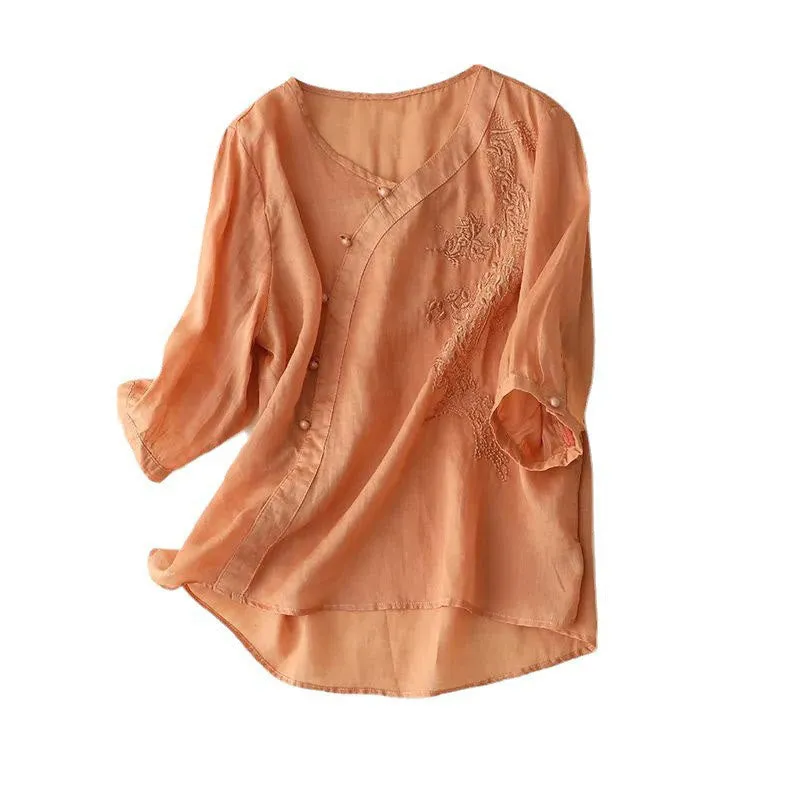 Buddha Stones Casual Loose Flower Embroidery Frog Button Short Sleeve Cotton Linen Women's Shirt