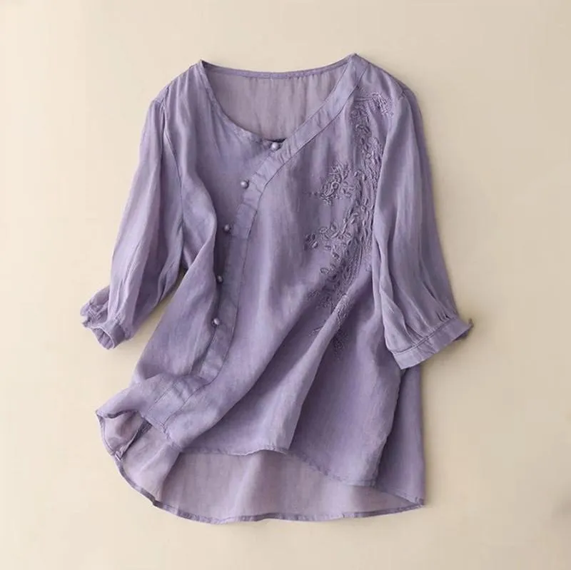 Buddha Stones Casual Loose Flower Embroidery Frog Button Short Sleeve Cotton Linen Women's Shirt