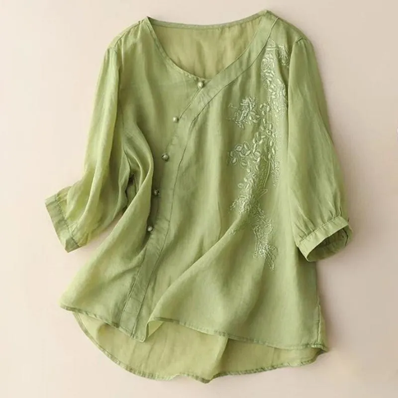 Buddha Stones Casual Loose Flower Embroidery Frog Button Short Sleeve Cotton Linen Women's Shirt
