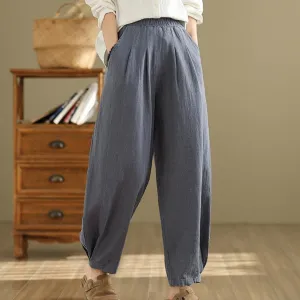 Buddha Stones Casual Solid Color Tapered Elastic Waistband Cotton Linen Women's Pants With Pockets