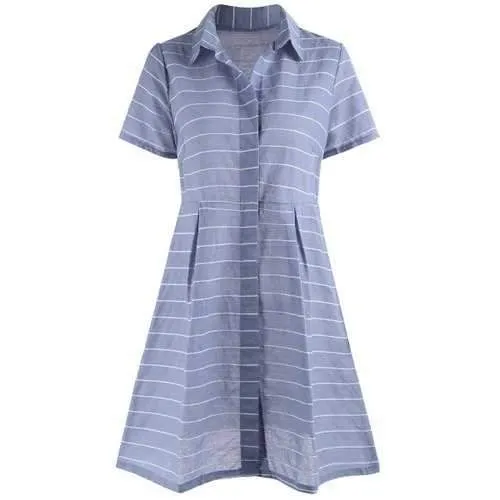 Button Up Striped Mini Shirt Dress - Light Blue S