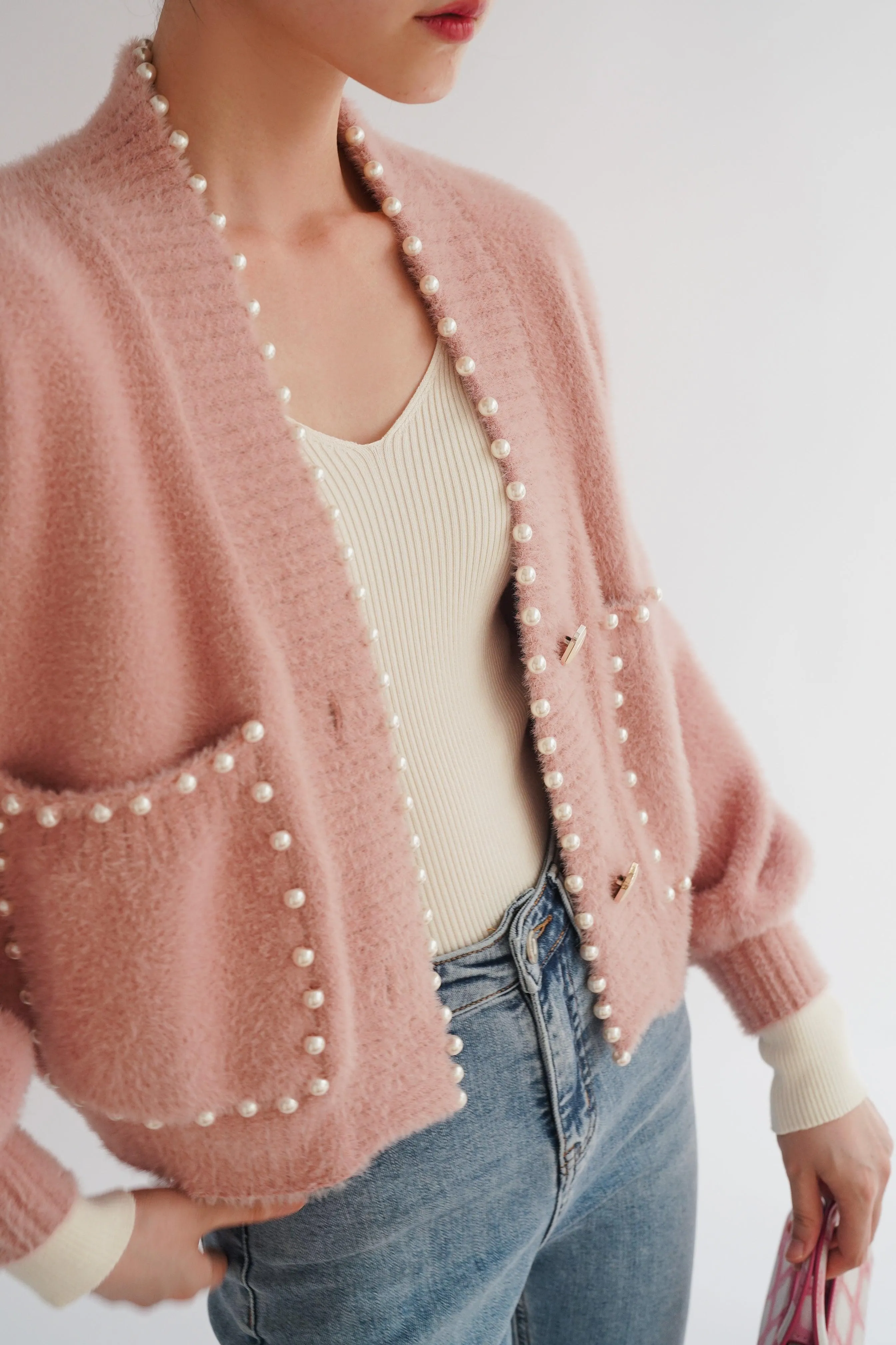 Carol Pearl Embellished Cardigan - Pink