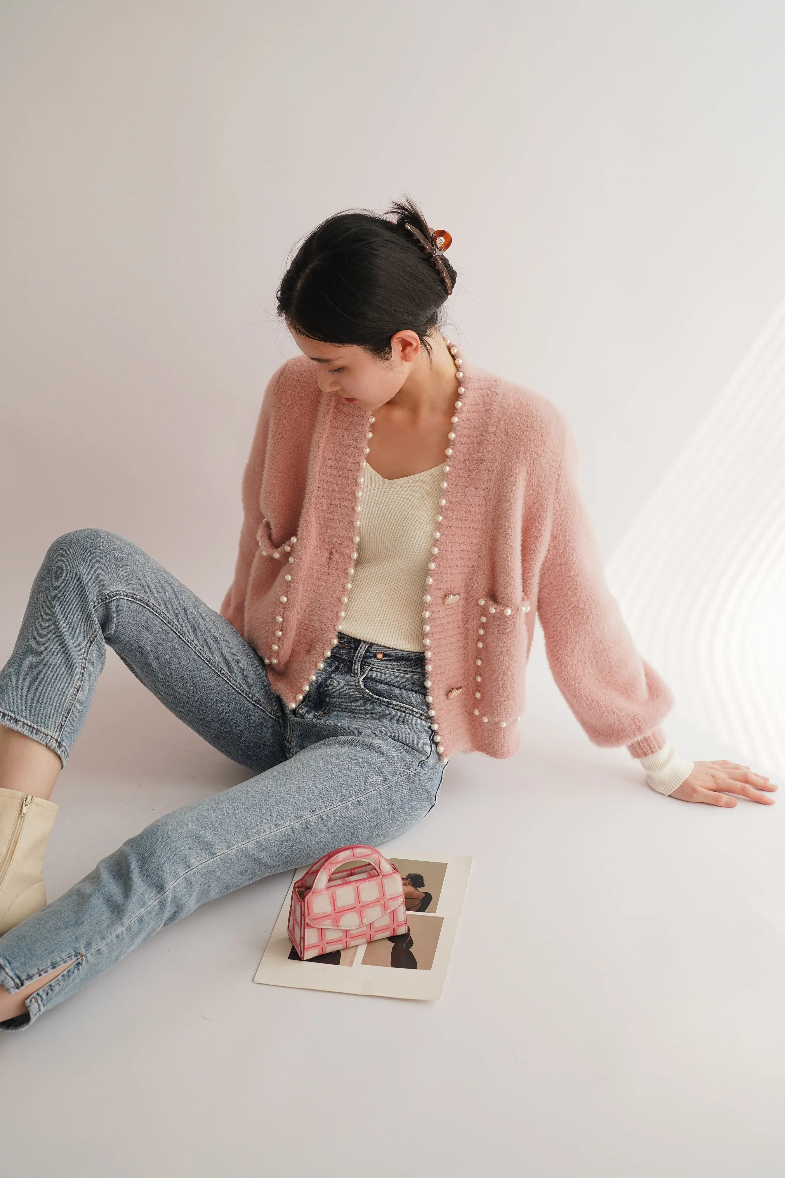 Carol Pearl Embellished Cardigan - Pink
