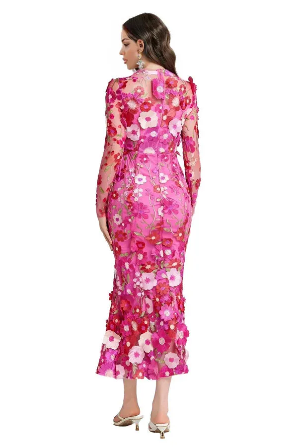 CAROL ROSE RED FLORAL EMBROIDERY MESH LONG SLEEVE MIDI DRESS