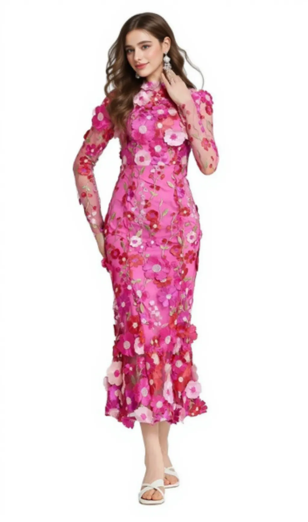 CAROL ROSE RED FLORAL EMBROIDERY MESH LONG SLEEVE MIDI DRESS
