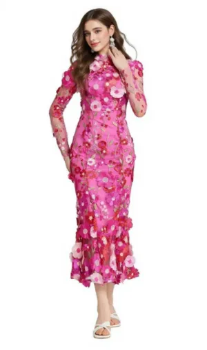 CAROL ROSE RED FLORAL EMBROIDERY MESH LONG SLEEVE MIDI DRESS