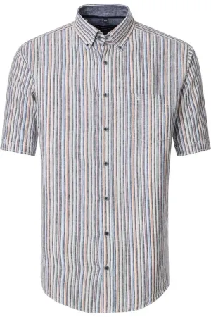 Casa Moda Mens Casual Fit Short Sleeve Linen Stripe Shirt Blue