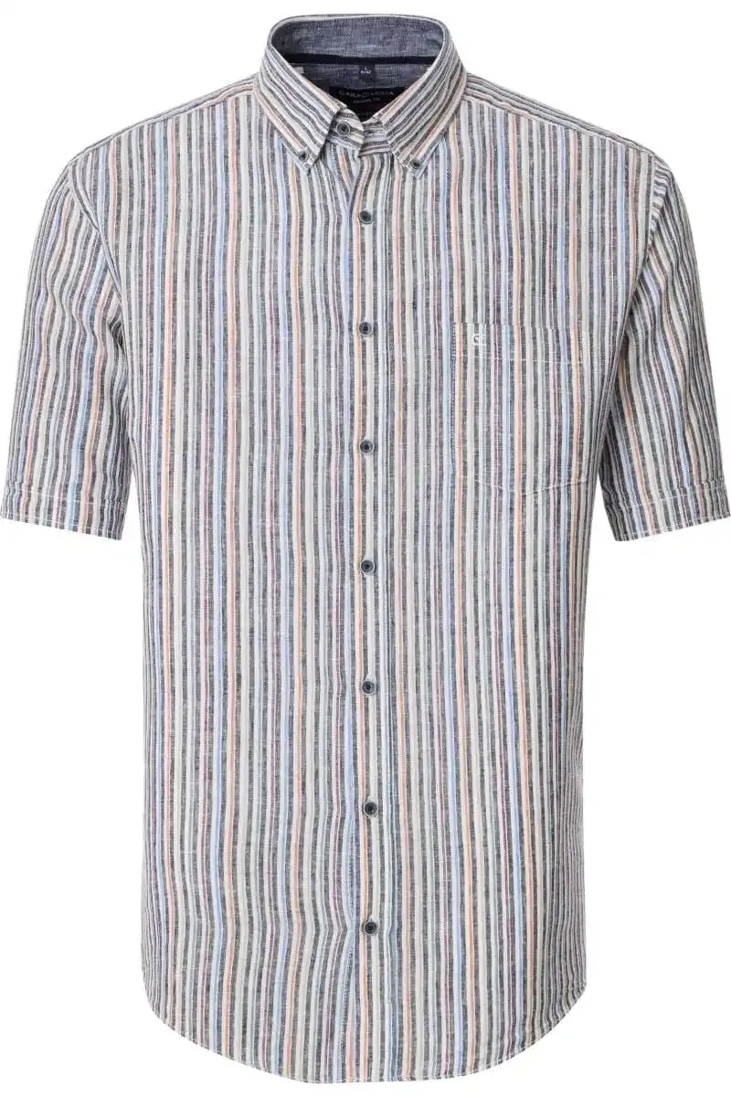 Casa Moda Mens Casual Fit Short Sleeve Linen Stripe Shirt Blue