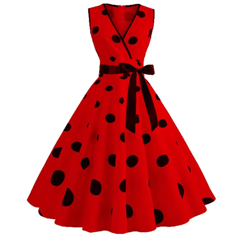 Casual Sleeveless Dot Print Vintage Dresses