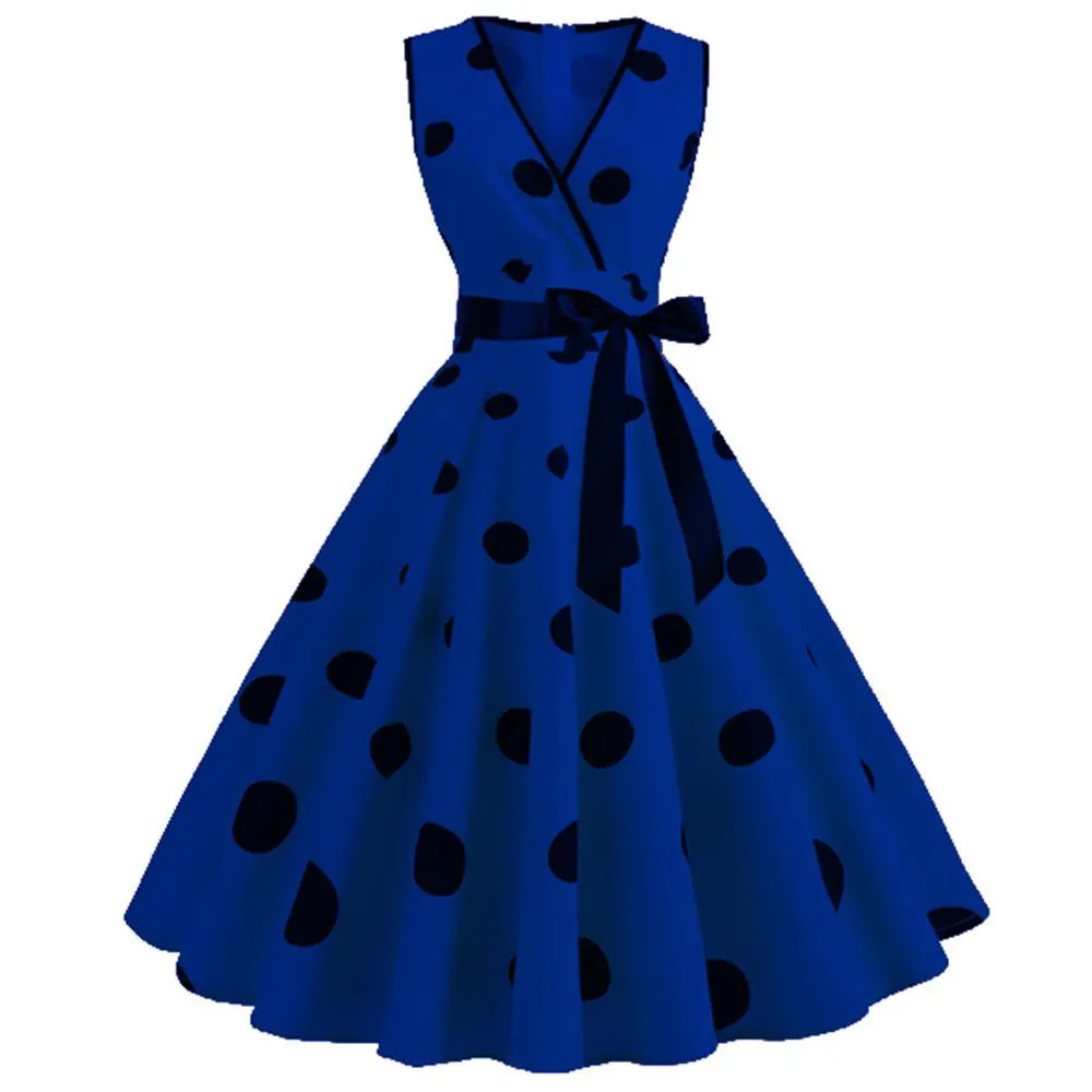 Casual Sleeveless Dot Print Vintage Dresses