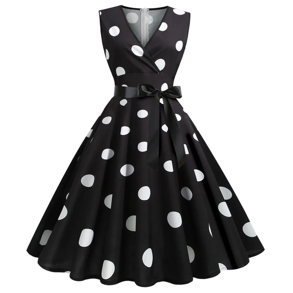 Casual Sleeveless Dot Print Vintage Dresses