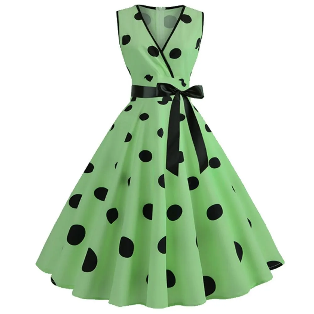 Casual Sleeveless Dot Print Vintage Dresses