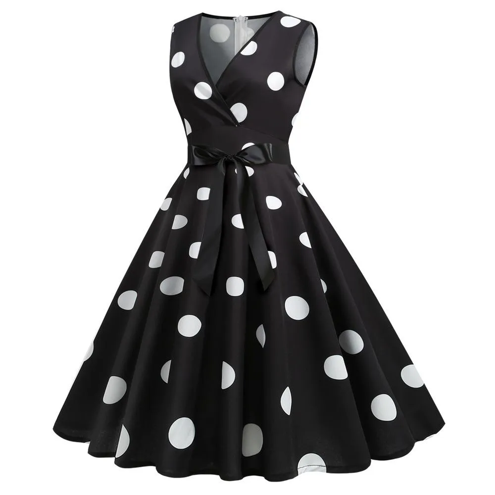 Casual Sleeveless Dot Print Vintage Dresses