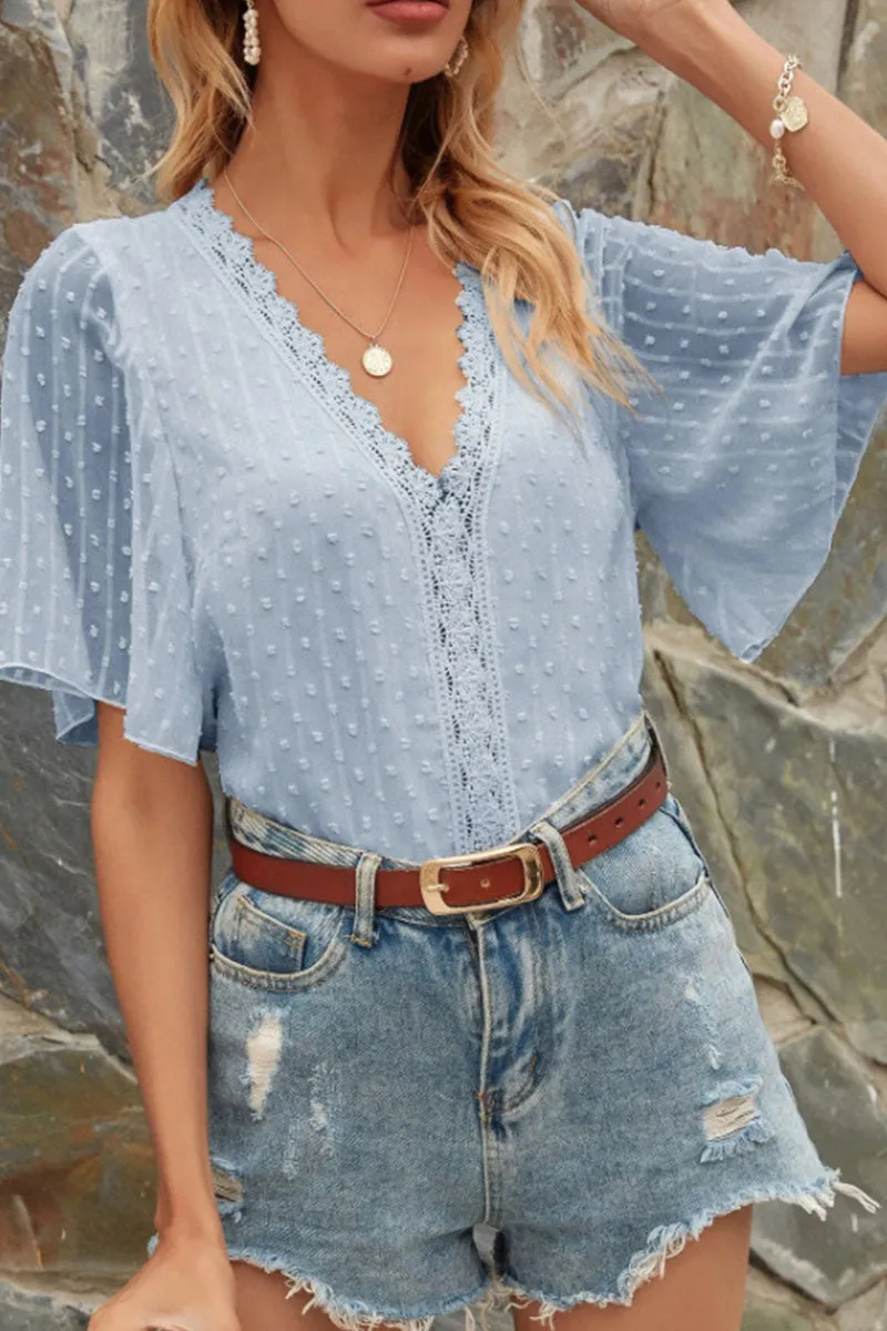 Casual Solid Patchwork V Neck Tops(4 Colors)