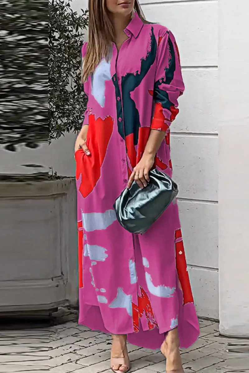 Casual Street Geometric Printing Turndown Collar Shirt Dress Dresses