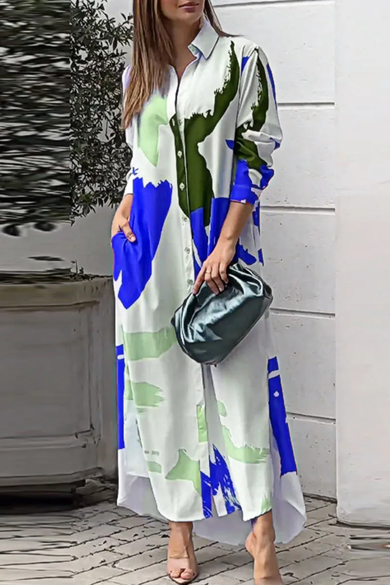 Casual Street Geometric Printing Turndown Collar Shirt Dress Dresses