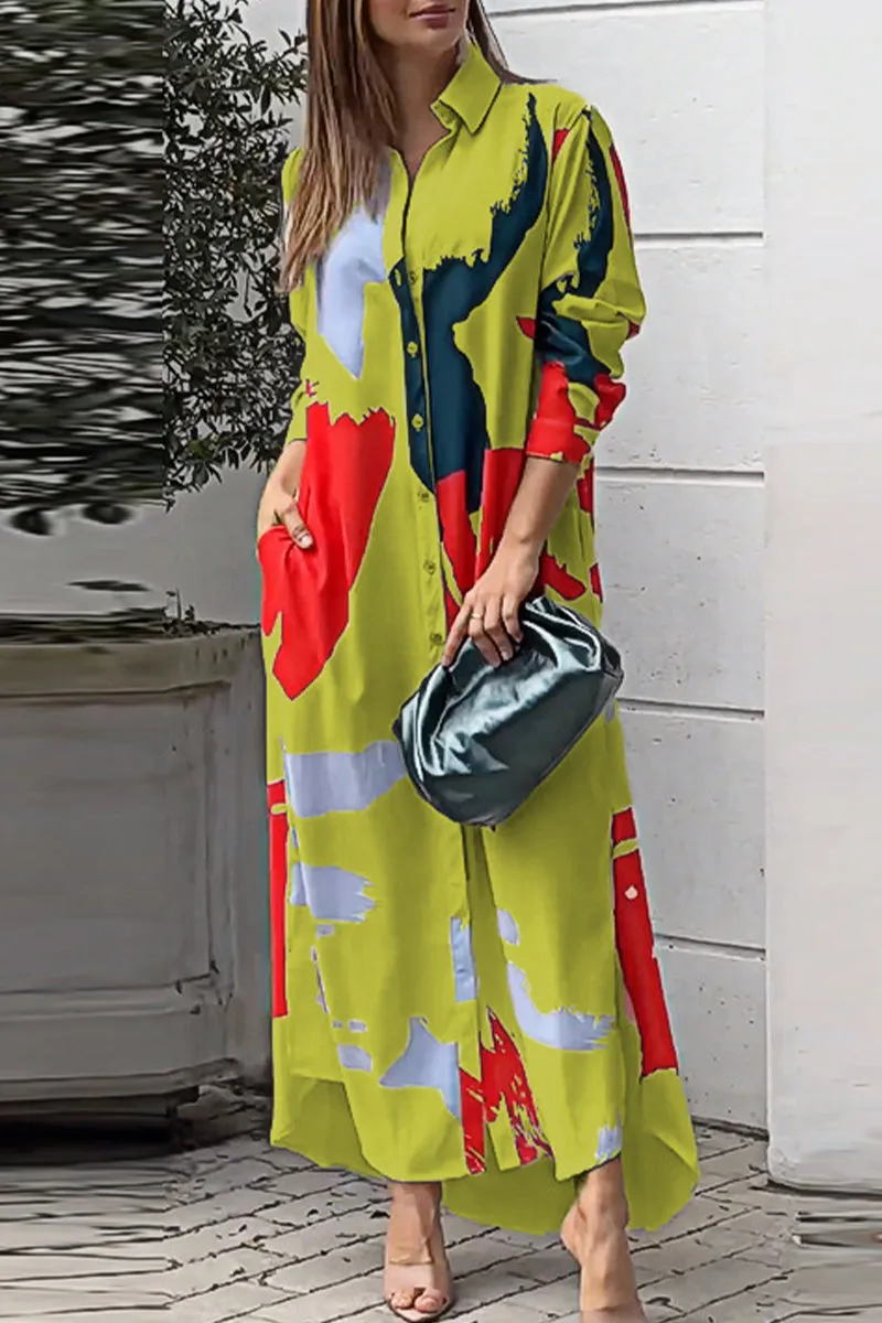 Casual Street Geometric Printing Turndown Collar Shirt Dress Dresses
