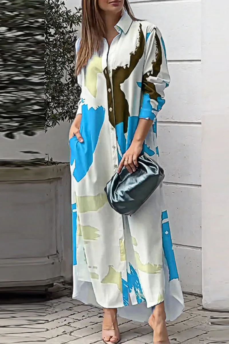 Casual Street Geometric Printing Turndown Collar Shirt Dress Dresses