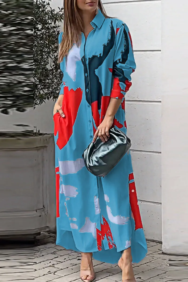 Casual Street Geometric Printing Turndown Collar Shirt Dress Dresses