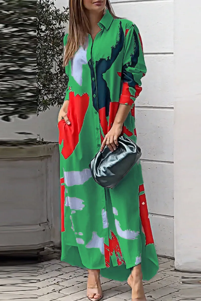 Casual Street Geometric Printing Turndown Collar Shirt Dress Dresses