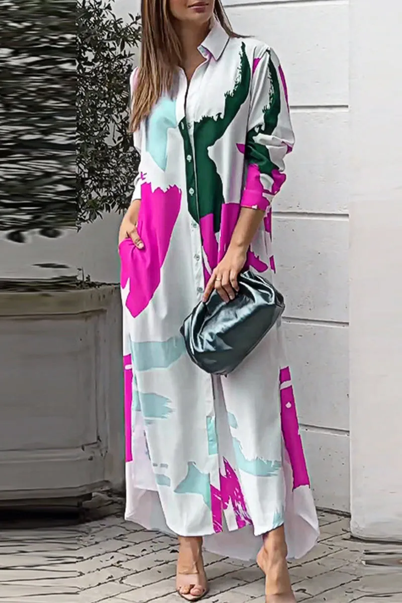 Casual Street Geometric Printing Turndown Collar Shirt Dress Dresses