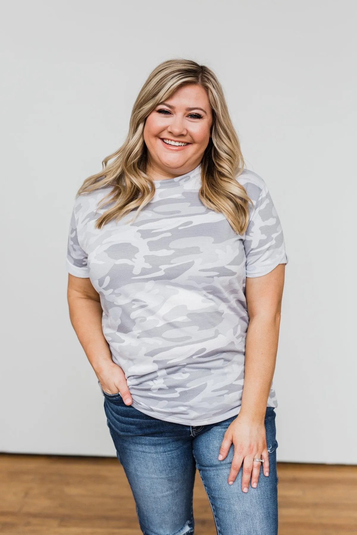 Catching Up With You Camo Top- Grey