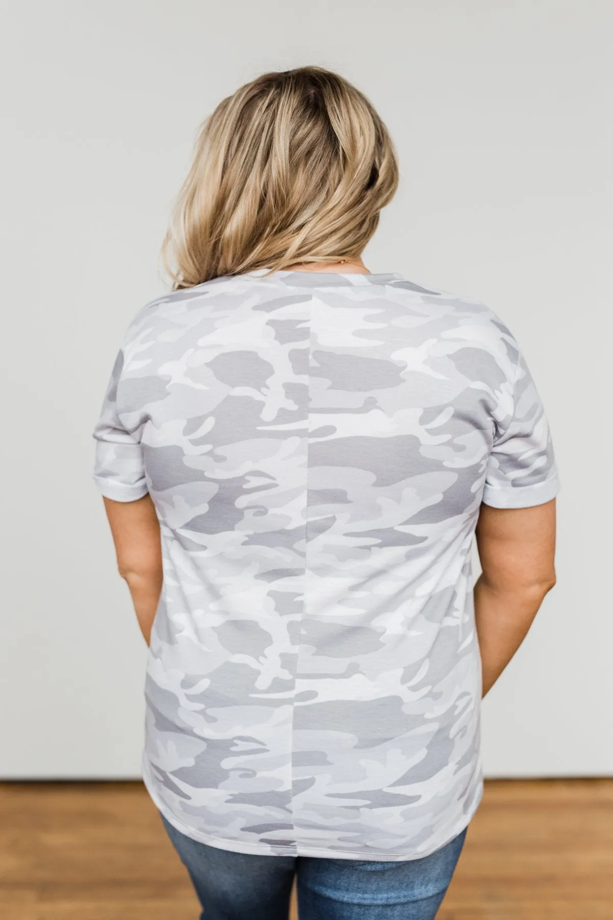 Catching Up With You Camo Top- Grey