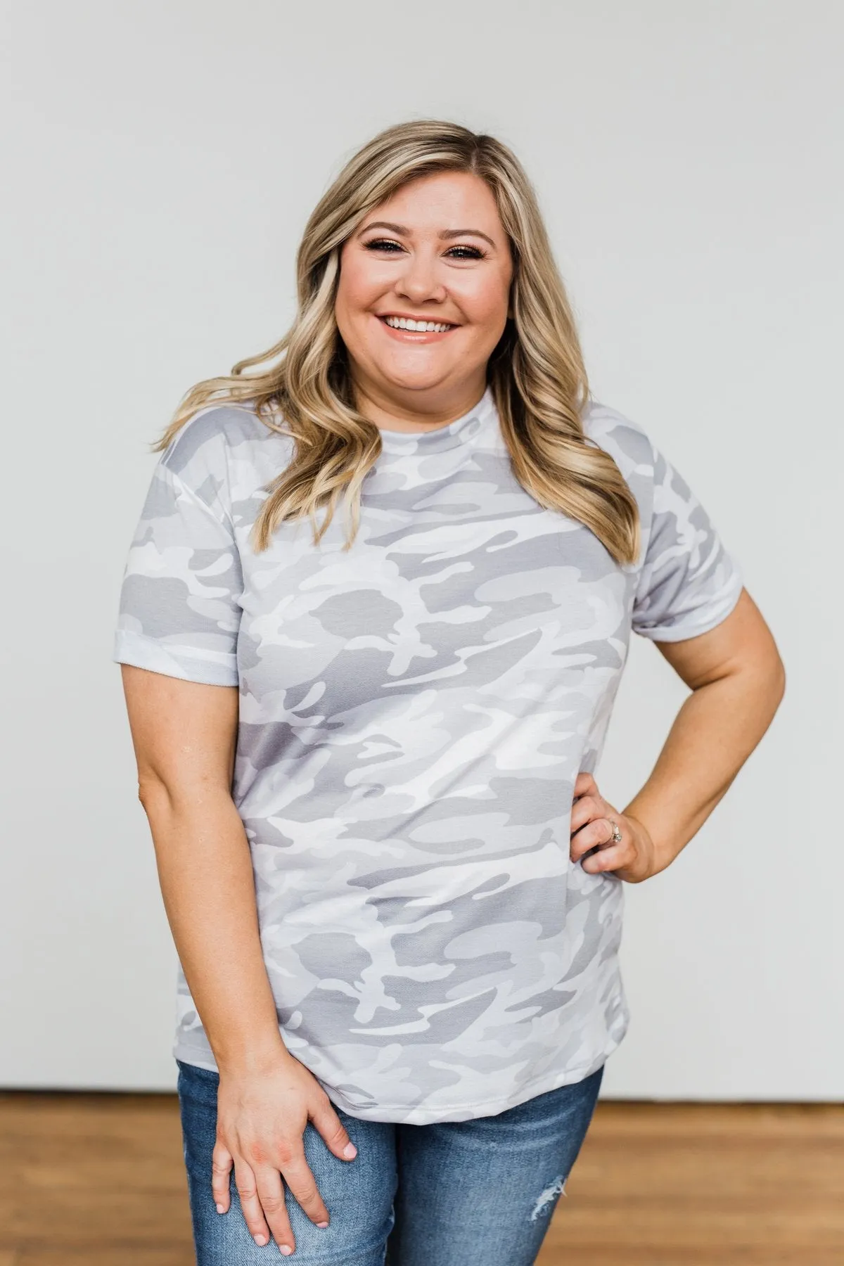 Catching Up With You Camo Top- Grey