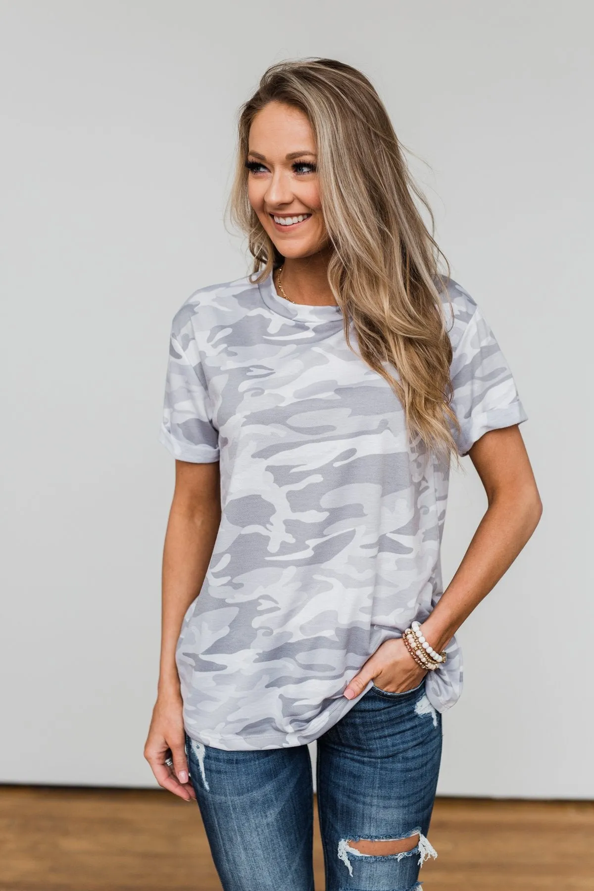 Catching Up With You Camo Top- Grey
