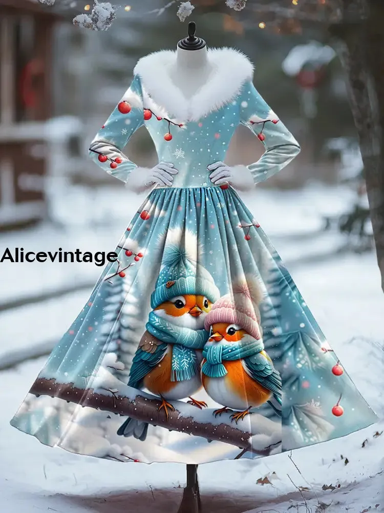Christmas Animal Art Print Vintage Elegant Fur Collar Long Sleeve Midi Dress