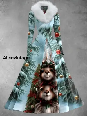 Christmas Animal Art Print Vintage Elegant V-Neck Fur Collar Long Sleeve Midi Dress