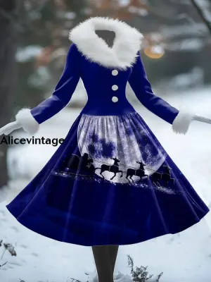 Christmas Art Print Vintage Elegant Fur Collar Long Sleeve Midi Dress