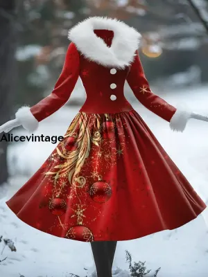 Christmas Art Print Vintage Elegant Fur Collar Long Sleeve Midi Dress