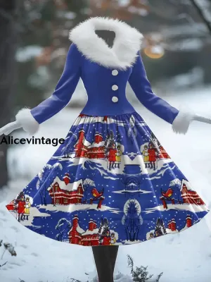 Christmas Art Print Vintage Elegant Fur Collar Long Sleeve Midi Dress
