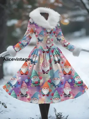 Christmas Art Print Vintage Elegant Fur Collar Long Sleeve Midi Dress