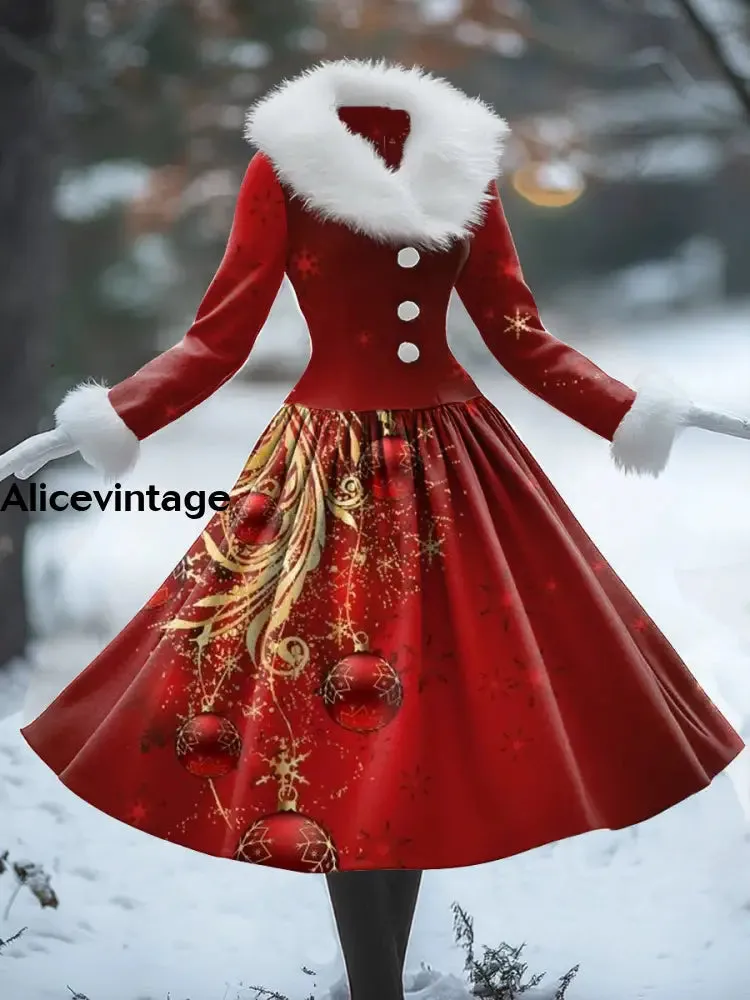 Christmas Art Print Vintage Elegant Fur Collar Long Sleeve Midi Dress