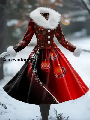 Christmas Art Print Vintage Elegant Fur Collar Long Sleeve Midi Dress