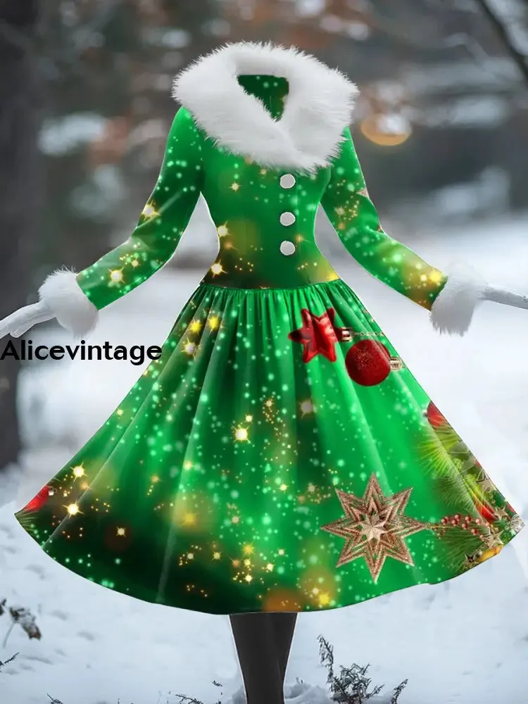 Christmas Art Print Vintage Elegant Fur Collar Long Sleeve Midi Dress