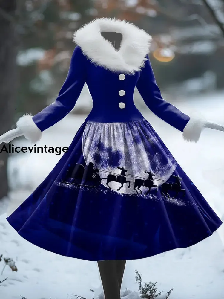 Christmas Art Print Vintage Elegant Fur Collar Long Sleeve Midi Dress