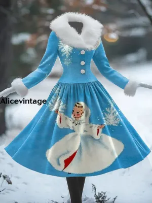 Christmas Art Print Vintage Elegant Fur Collar Long Sleeve Midi Dress