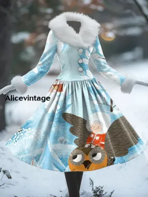 Christmas Art Print Vintage Elegant Fur Collar Long Sleeve Midi Dress